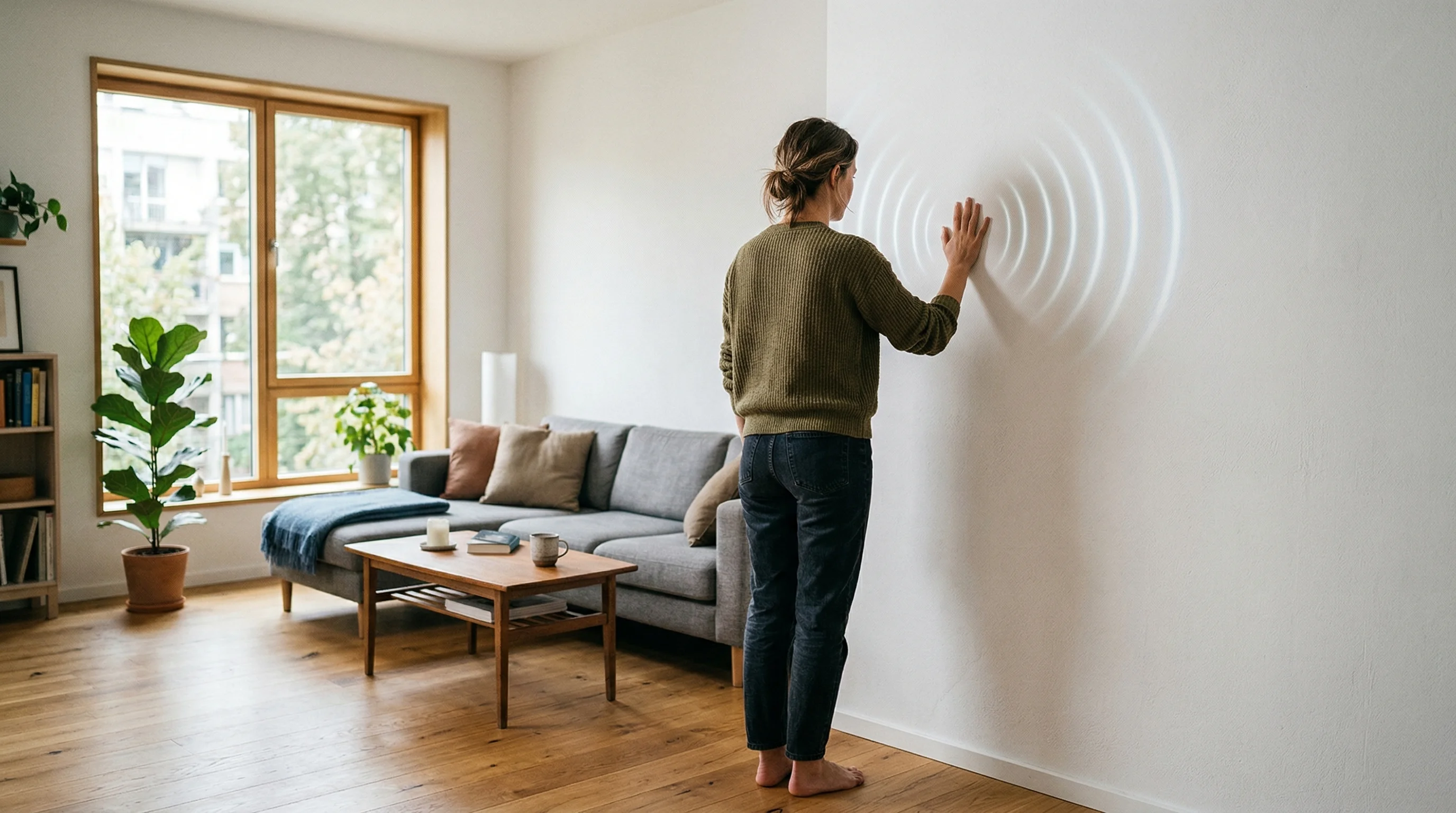 Person testing wall soundproofing in a modern apartment